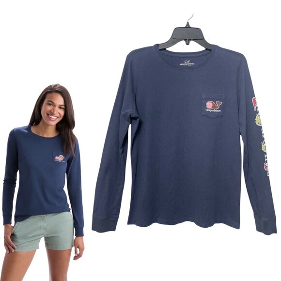 Vineyard Vines  Women's Turkey Whale Long-Sleeve Pocket Tee Blue  S - Picture 1 of 9
